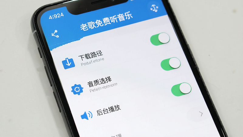 主体为手机屏幕显示“老歌免费听音乐”App的设置页面,布局为列表形式,包含“下载路径”、“音质选择”、“后台播放”等选项,右侧有开关按钮,风格为简洁的白色背景,细节包含清晰的文字和图标,画质清晰,无多余元素