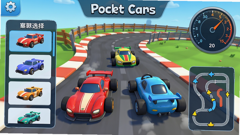 主体:Pocket Cars游戏主界面与三辆卡通风格赛车在环形赛道上行驶,布局:左侧展示车辆选择菜单,右侧显示实时速度表与赛道地图,排版:UI界面简洁现代,字体清晰,风格:3D卡通渲染,色彩鲜艳明亮,细节:车身反光细腻,赛道纹理清晰,画质:高清8K,干净,无多余元素,文字: