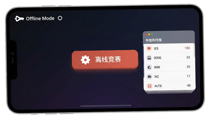 主体:Pocket Cars离线模式界面,显示“离线竞赛”按钮及本地排行榜,布局:简洁卡片式设计,背景为深色渐变,排版:按钮居中突出,风格:现代扁平化UI,细节:图标简约,文字清晰,画质:高清,干净,无多余元素,文字: