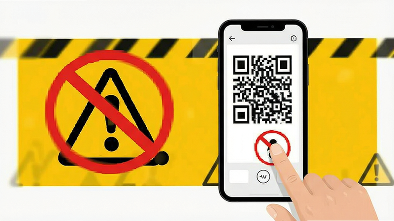 微二维码快扫使用场景避坑示意图,主体为手机与用户手指点击屏幕,布局突出警示图标,背景黄色警示色块,风格直观易懂,细节体现禁止符号,画质清晰,干净无杂乱背景