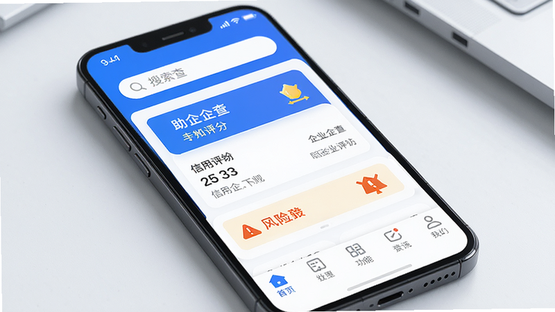 主体为手机屏幕展示助企查APP界面,布局清晰,顶部为搜索框,中部为企业详情卡片,底部为功能导航栏,排版简洁现代,风格商务科技蓝,细节包含高亮的信用评分和风险提示图标,画质高清,干净,无多余元素