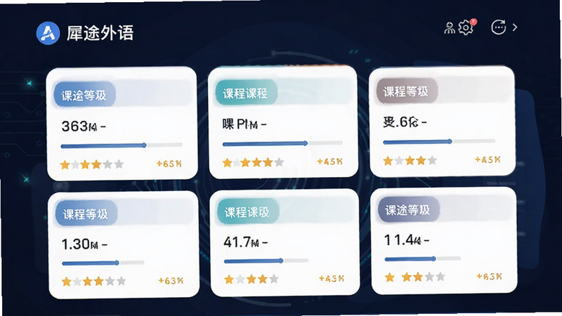 主体为犀途外语App内的课程选择界面,布局展示不同难度等级的课程列表,排版采用卡片式排列,风格科技感与教育感结合,细节显示进度条与星级评价,画质清晰,干净无多余元素