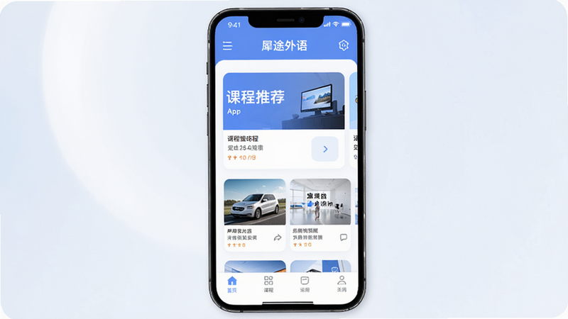 主体为手机屏幕展示犀途外语App首页界面,布局清晰分为顶部导航栏、中部课程推荐卡片、底部功能标签页,排版整齐有序,风格为现代扁平化设计,细节处体现柔和的蓝白色调,画质高清,干净无多余元素