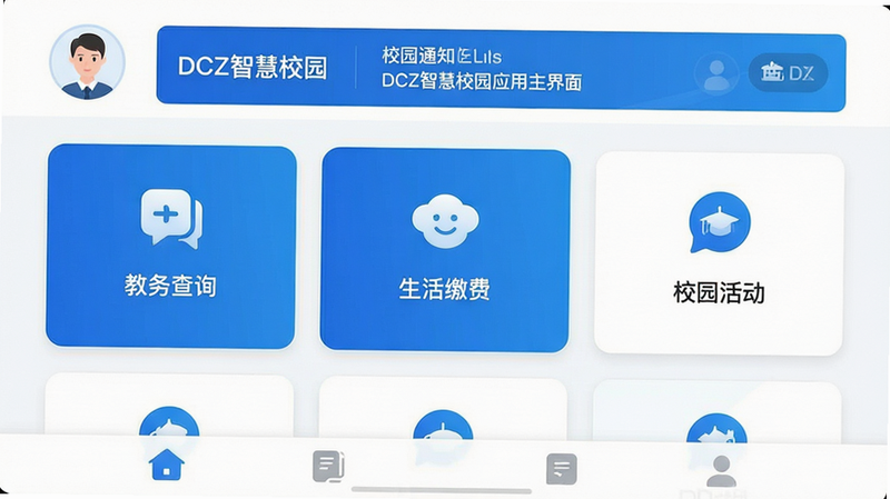 主体为DCZ智慧校园应用主界面截图,布局采用卡片式瀑布流设计,顶部显示用户头像与校园通知横幅,中部包含教务查询、生活缴费、校园活动三个核心功能大图标,底部为导航栏,整体风格清新简约,配色以科技蓝与白色为主,细节处展现高清矢量图标,画质干净,无多余元素,文字标注“DCZ智慧校园”