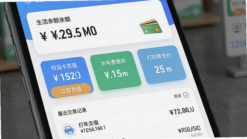 主体为生活缴费界面,布局顶部为余额显示卡片,中部为“校园卡充值”、“水电费缴纳”、“打印费支付”三个按钮,底部为最近交易记录列表,风格现代简约,细节展示人民币符号与数字,画质高清,文字标注“立即充值”