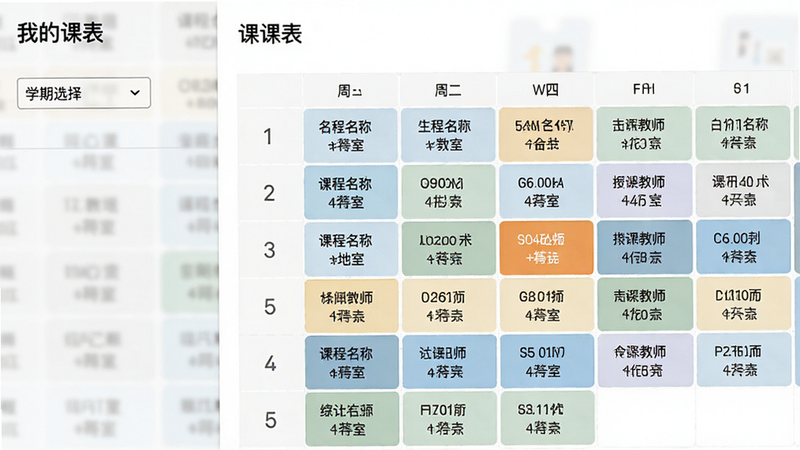 主体为教务管理功能界面,布局左侧为学期选择下拉框,右侧为课表网格视图,显示周一到周五的课程安排,高亮显示当前正在进行的课程,风格扁平化,细节包含课程名称、教室地点、授课教师,画质清晰,文字标注“我的课表”