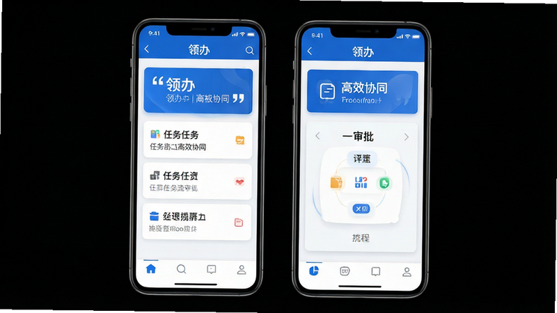主体为一款名为“领办”的安卓APP界面全景展示,布局采用扁平化设计,顶部显示清晰的导航栏,中部为卡片式任务列表与审批流程入口,底部为简洁的功能图标,整体风格现代简约,色调以科技蓝与白色为主,细节处体现流畅的线条与阴影效果,画质高清8K,干净无多余元素,文字加引号显示“领办”与“高效协同”