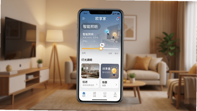 主体为欧享家APP手机界面截图,背景为温馨现代客厅,布局居中显示手机模型,排版简洁,风格扁平化科技风,细节展示APP首页灯光调节滑块和场景卡片,画质高清,干净,无多余元素,文字包含