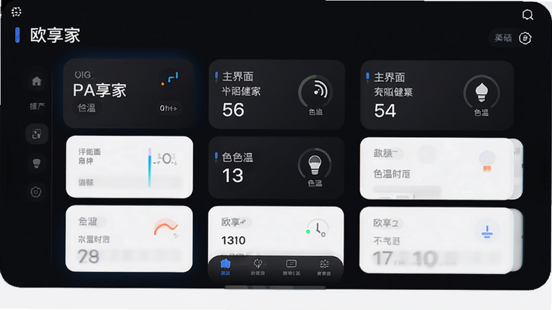 主体为欧享家APP主界面全景,背景为深色模式,布局中心显示设备卡片,排版卡片式,风格暗色科技,细节显示亮度数值和色温图标,画质高清,干净,无多余元素,文字包含
