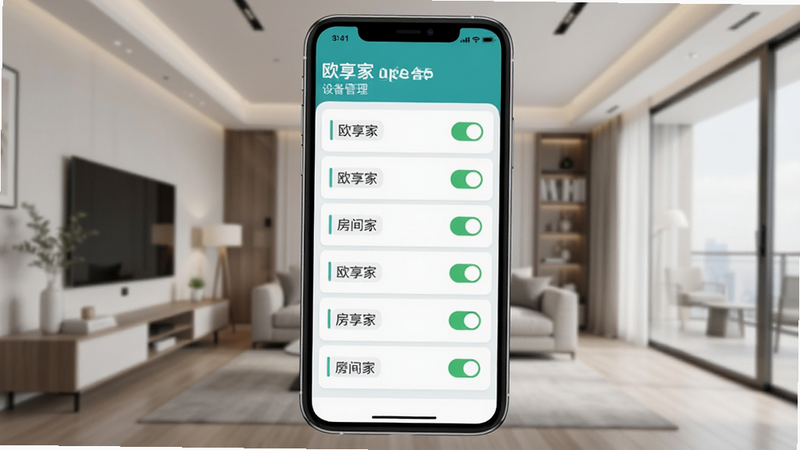 主体为欧享家APP设备管理页面,背景为现代家居全景,布局列表展示不同房间灯具,排版垂直排列,风格清晰直观,细节显示开关状态图标,画质锐利,干净,无多余元素,文字包含