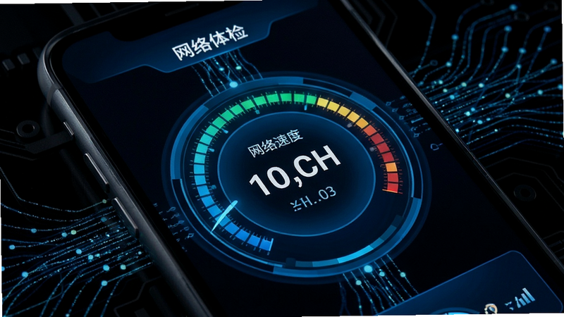 手机屏幕显示网络诊断仪表盘,中心为速度数值,周围环绕信号强度环形图,布局中心对称,风格科技蓝色调,细节展示数据流线条,画质高清,背景为黑色科技风,文字标注为“网络体检”
