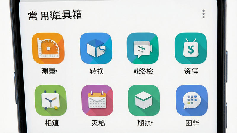 主体为安卓手机屏幕展示常用工具箱应用首页,布局清晰分为网格状图标区域,包含测量、转换、网络检测等模块,排版整齐简洁,风格为现代扁平化设计,细节显示图标色彩鲜明且统一,画质高清干净无多余元素,背景为纯白色,文字标注为“常用工具箱”