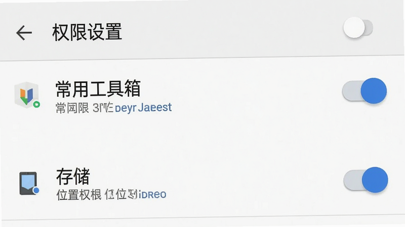 手机设置界面截图,展示应用权限管理页面,选中常用工具箱,勾选存储和位置权限,布局为标准安卓设置风格,细节清晰显示开关状态,画质清晰,背景为白色,文字标注为“权限设置”