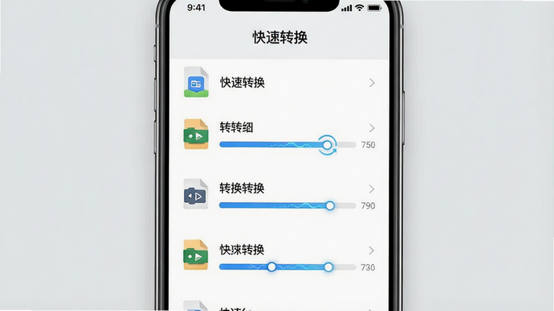 手机界面展示文件转换列表,列表项显示文件名、格式图标和进度条,布局为垂直列表式,风格极简商务风,细节突出转换进度动画,画质清晰,背景为浅灰色,文字标注为“快速转换”