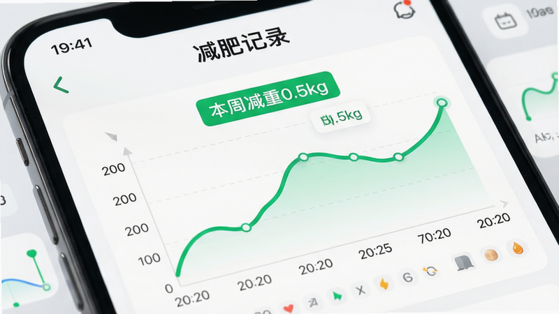 ��д��ͷչʾ�����ʼ�¼��App�е���������ģ�飬��ɫ�����ϻ�����һ����������ɫ����ͼ��X��Ϊ���ڣ�Y��Ϊ������ֵ��ͼ���Ϸ��С����ܼ���0.5kg������ɫ��ǩ������������UIԪ�ؼ�࣬�Ƽ������׺������棬4K���ʣ���������