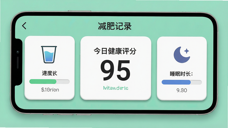�����ʼ�¼��App�Ķ๦���Ǳ��̽��棬�����ʾˮ��ͼ�꼰���������Ҳ���ʾ����ͼ�꼰˯��ʱ�����м�����Ŀ�ġ����ս������֡�95�֣����岼�ֶԳ�ƽ�⣬ɫ�ʲ������µı��������ɫ���䣬ϸ�ڴ���΢������Ӱ��������У�������UI��ƣ���ˮӡ