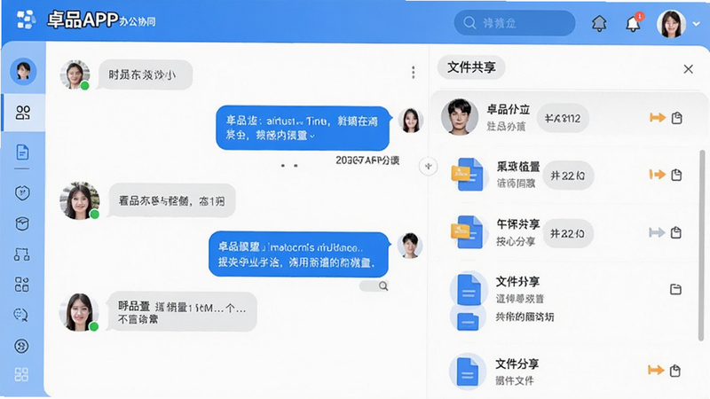 卓品APP办公协同界面,显示聊天窗口和文件共享列表,包含头像、消息气泡、文件图标等元素,布局紧凑有序,蓝色与白色搭配,界面简洁大方,细节丰富,字体清晰,画质纯净,无水印,主体明确,排版合理