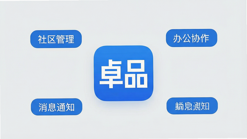 一张展示卓品APP主界面的高清截图,背景为干净的浅灰色,中央是卓品APP的图标,周围环绕着“社区管理”、“办公协作”、“消息通知”等标签,风格现代简约,色彩以蓝白为主,细节清晰,画质超清,无多余元素,主体突出,布局居中,排版整洁