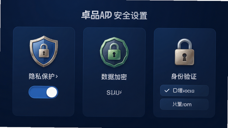 卓品APP安全设置界面,展示隐私保护开关、数据加密标识、身份验证选项等,图标采用盾牌和锁的形式,背景为深蓝色,突出安全感,布局对称,细节精致,画质高,无多余装饰,主体清晰,风格专业严谨