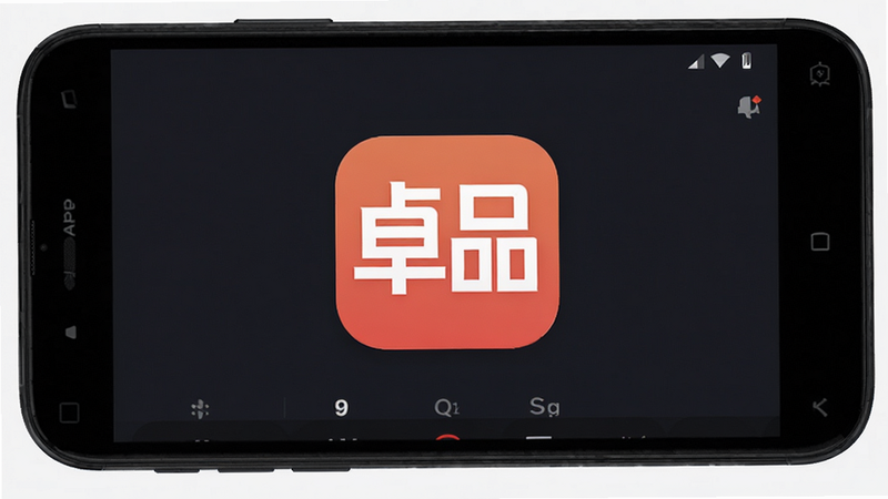 卓品APP在安卓手机上的运行界面展示,手机边框为黑色,屏幕显示卓品主界面,背景为纯色,突出APP图标和界面元素,风格写实,细节清晰,画质高,无多余装饰,主体居中,布局平衡