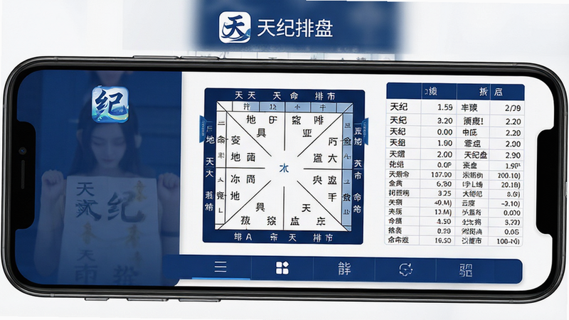 生成一张天纪排盘安卓应用的主界面预览图,主体为手机屏幕,布局清晰,上方显示软件Logo和标题“天纪排盘”,中间区域展示详细的八字命盘图表,包含天干地支字符,下方有功能按钮栏,风格为现代简约UI设计,配色采用深蓝色与白色搭配,细节处体现高精度数据表格,画质高清,干净无多余元素