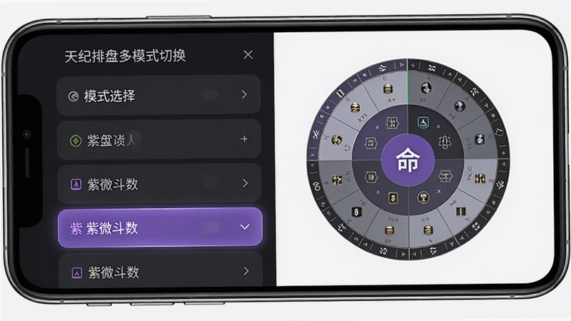 生成一张天纪排盘多模式切换界面的示意图,主体为手机操作界面,布局为左右分栏,左侧显示模式选择列表,右侧显示对应的命盘预览,排版整齐,风格为商务极简风,细节处高亮显示当前选中的“紫微斗数”选项,画质高保真,无干扰元素