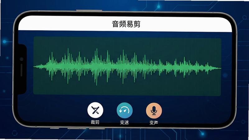 ����Ϊ��Ƶ�׼�APP����ȫ��չʾ���ֻ���Ļ������ʾ��������ɫ��Ƶ����ͼ�������С���Ƶ�׼�����ɫ���������ײ������š��ü����������١�������������Բ�ι���ͼ�꣬����Ϊ����ɫ�Ƽ��н��䣬�������࣬����ִ���Լ��ϸ�����������ʸ��壬�޶���Ԫ��