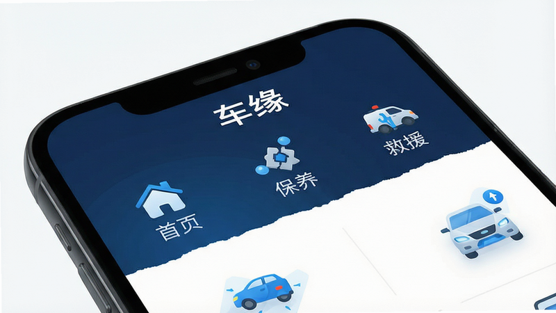 一张展示手机屏幕的高清渲染图,主体为“车缘”APP界面,布局清晰,顶部显示“首页”、“保养”、“救援”等核心功能入口,排版简洁现代,风格扁平化,细节处体现车辆图标与蓝色科技色调,画质4k,干净无多余元素,文字“车缘”清晰可见