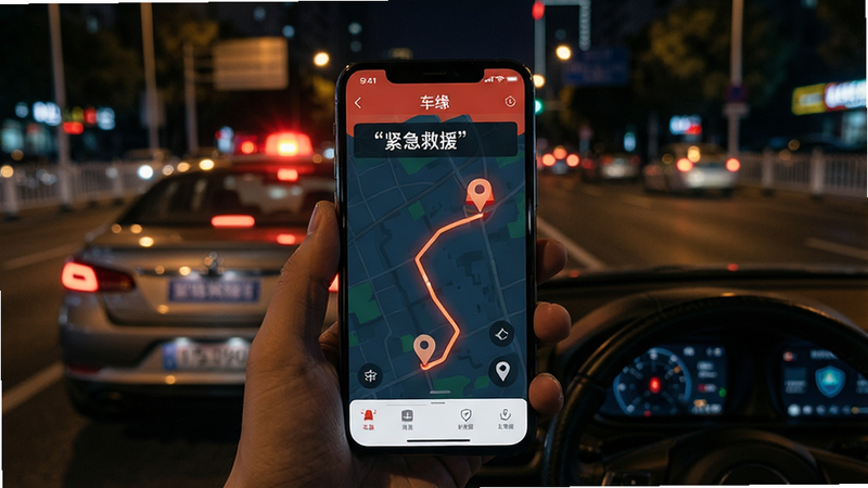 夜景城市道路背景,一辆轿车停在路边,手机屏幕上显示“车缘”APP的救援进度地图,布局中心聚焦手机,排版突出地图轨迹,风格写实光影,细节展示闪烁的救援信号灯与GPS图标,画质电影感,干净,无多余元素,文字“紧急救援”加引号
