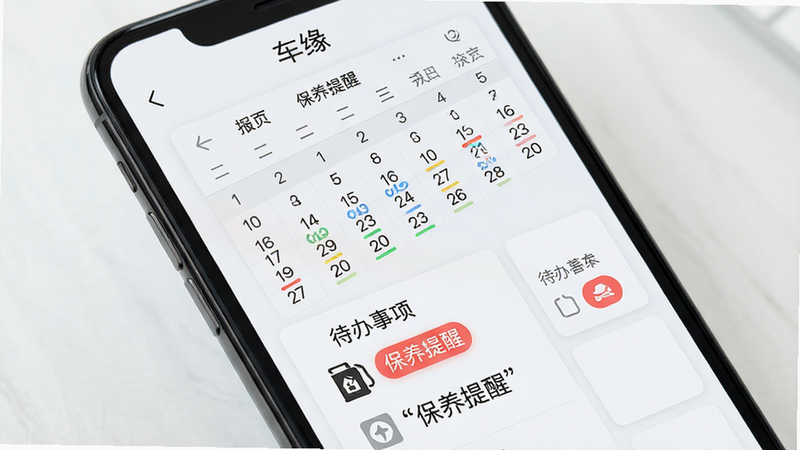 手机屏幕特写,显示“车缘”APP的保养提醒页面,布局包含日历视图与待办事项列表,排版整齐,风格清新简约,细节展示机油桶图标与红色高亮提醒标签,画质高清,干净,无多余元素,文字“保养提醒”加引号
