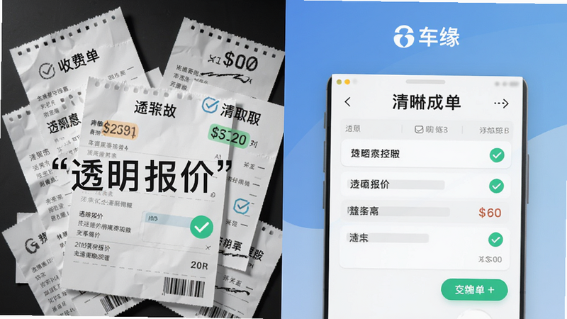 对比图概念设计,左侧为混乱的收费单据,右侧为“车缘”APP生成的清晰报价单,布局左右分割,排版对比强烈,风格写实与扁平结合,细节展示数字高亮与勾选标记,画质清晰,干净,无多余元素,文字“透明报价”加引号