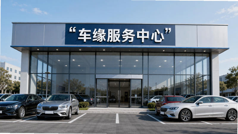 汽车服务中心门店外观图,干净明亮的玻璃幕墙,门口停放着几辆轿车,布局开阔,排版对称,风格现代商业,细节展示清晰的招牌与整洁的停车位,画质高清,干净,无多余元素,文字“车缘服务中心”加引号