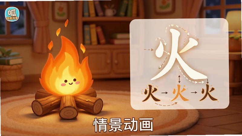 主体是呱呱识字APP的界面展示图,画面左侧是一个正在燃烧的篝火动画,右侧是对应的汉字“火”及其笔顺分解图,背景是温馨的室内书房场景,色调温暖,布局左右分明,风格为写实与卡通结合,细节丰富,画质细腻,文字“情景动画”位于底部,干净无杂乱元素
