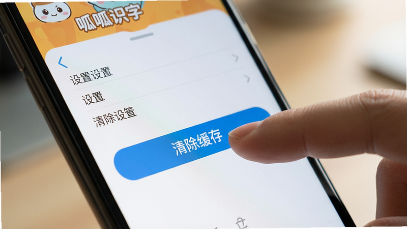 主体是呱呱识字APP的手机屏幕特写,显示着设置界面,手指正在点击“清除缓存”按钮,背景虚化处理,突出操作细节,风格为写实摄影风,光影柔和,细节清晰,画质高清,干净无多余水印,文字“清除缓存”清晰可辨