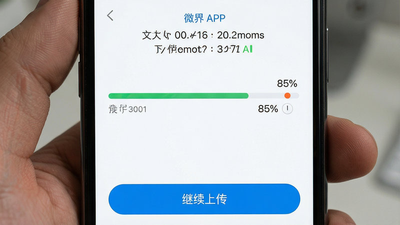 �ֻ���Ļ��ʾ΢����APP���ϴ����Ƚ��棬��������ʾ85%������Ϊ���İ�ɫ���ײ��С������ϴ�����ť���Ϸ���ʾ�ļ���С���ٶȣ�����ƽ����ϸ�����������ʸ��壬�ɾ��޶���ͼ��