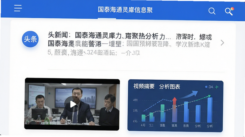 资讯流界面展示,列表式排版,包含头条新闻、视频摘要与图表分析,图标清晰,文字排版整齐,UI设计现代简约,蓝色调为主,体现专业与严谨,清晰展示国泰海通灵犀的信息聚合能力