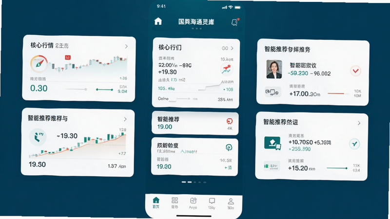 国泰海通灵犀App主界面展示,扁平化设计风格,深蓝色背景搭配白色卡片布局,中央显示核心行情数据与智能推荐模块,底部导航栏清晰可见,高清矢量图,干净无杂乱元素,专业金融软件视觉风格,4k分辨率