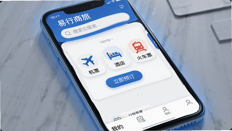 主体为手机屏幕界面,显示易行商旅APP首页,顶部有搜索栏,中间是醒目的“机票”“酒店”“火车票”图标,底部有“我的”标签,布局简洁清晰,风格现代商务,细节处有微弱的蓝色光晕,画质高清,干净,无多余元素,文字包含