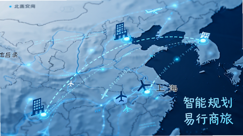 主体为地图背景,上面有从北京到上海的虚线飞行轨迹,沿途标记几个酒店和机场图标,布局呈对角线分布,风格科技感蓝色调,细节处有数据流线条,画质高保真,干净,无多余元素,文字包含