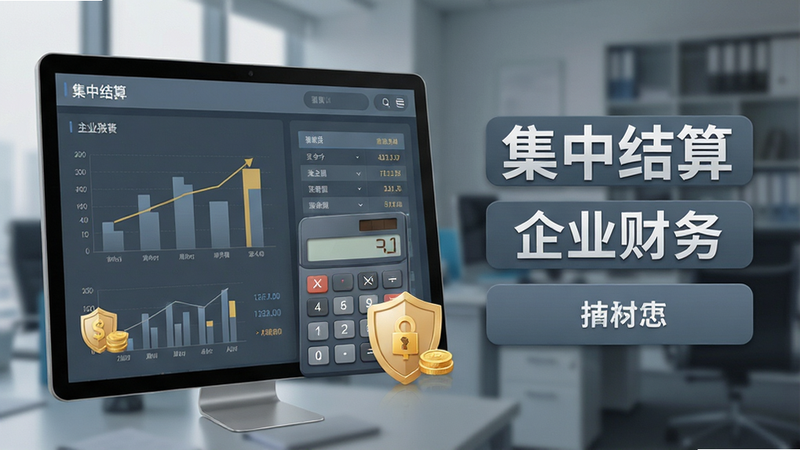 主体为财务报表界面与计算器图标,背景是模糊的办公室场景,布局左侧为主数据图表,右侧为操作按钮,风格稳重商务灰蓝色,细节处有金币与盾牌元素象征安全,画质细腻,干净,无多余元素,文字包含
