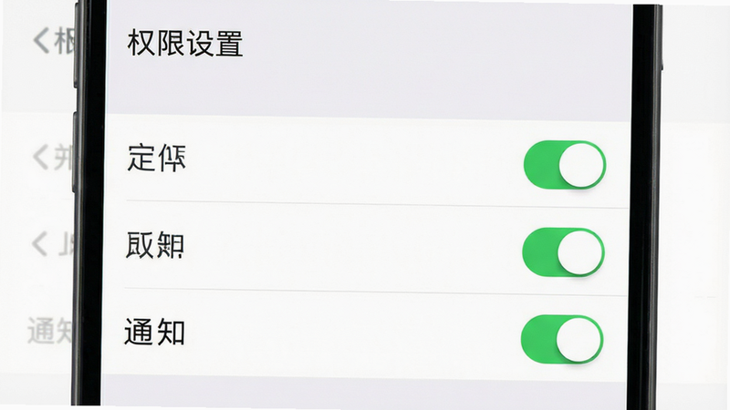 主体为手机设置界面截图,显示权限管理选项,布局列表式,风格简洁白色背景,细节处有开关按钮,画质清晰,干净,无多余元素,文字包含