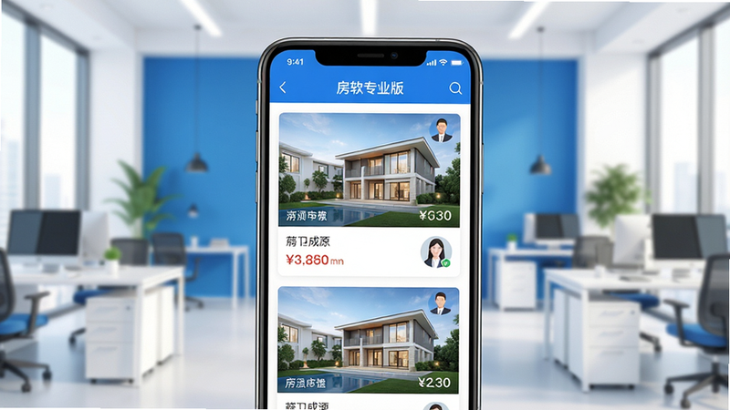 һ���ִ���Լ���ķ��ز�APP����չʾͼ������Ϊ�ֻ���Ļ����ʾ������רҵ�桱�ķ�Դ�б�ҳ�棬����������������ԴͼƬ���۸��ǩ�;�����ͷ�񣬱���Ϊ�����İ칫�һ�����ɫ������ɫ�Ͱ�ɫΪ����ϸ�ڷḻ�����廭�ʣ��޶���Ԫ��