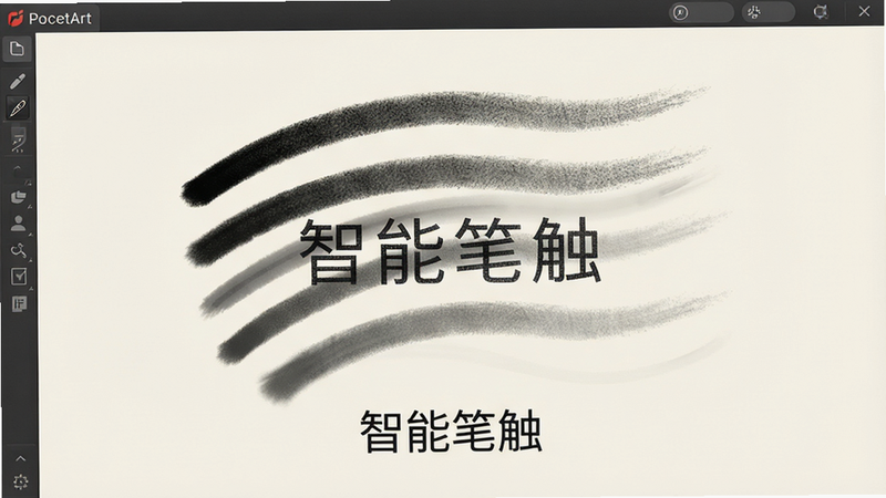 特写展示PocetArt软件中的笔刷效果,画面中央是几条不同粗细和透明度的手绘线条,背景为柔和的米白色,布局中心对称,风格极简主义,细节呈现笔刷颗粒感,文字标注为“智能笔触”,画质细腻,无水印