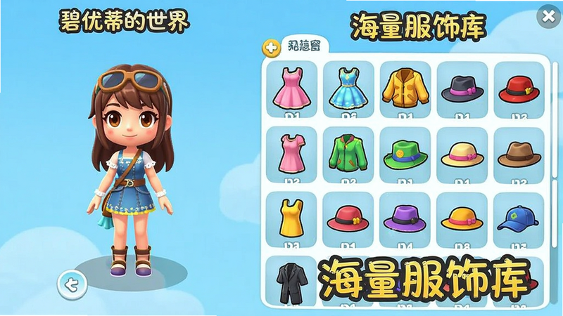 展示《碧优蒂的世界》游戏内服装界面的截图,左侧是角色预览,右侧是分类清晰的服装列表,包含连衣裙、外套、帽子等,界面布局整齐,色彩明亮,风格卡通,细节清晰,画质高,干净背景,文字标注“海量服饰库”