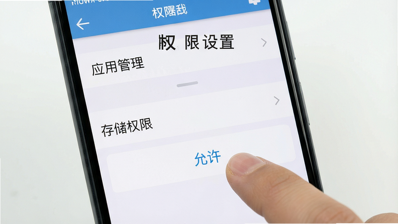 手机设置界面截图,显示“应用管理”和“存储权限”选项,手指点击“允许”按钮,界面清晰,风格扁平化,细节真实,画质高,干净背景,文字标注“权限设置”