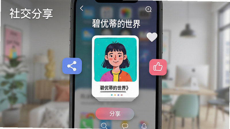手机屏幕显示《碧优蒂的世界》的分享界面,中间是生成的角色卡片,周围有分享按钮和点赞图标,背景虚化,风格现代简约,色彩鲜艳,细节精致,画质高,干净背景,文字标注“社交分享”