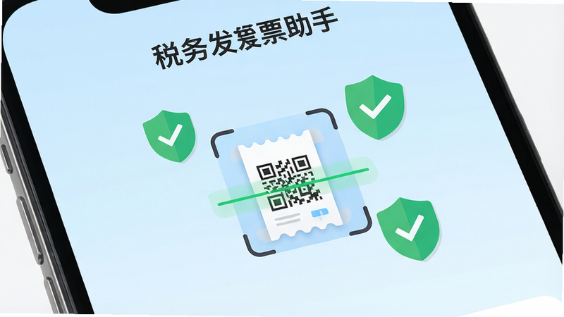 一张高清手机屏幕特写,显示“税务发票助手”APP主界面,背景为干净的浅蓝色渐变,界面中央展示一个正在扫描发票二维码的动画图标,周围环绕着绿色的对勾盾牌图标象征安全与验证成功,整体风格简约现代,扁平化设计,无多余元素,8k分辨率,清晰锐利