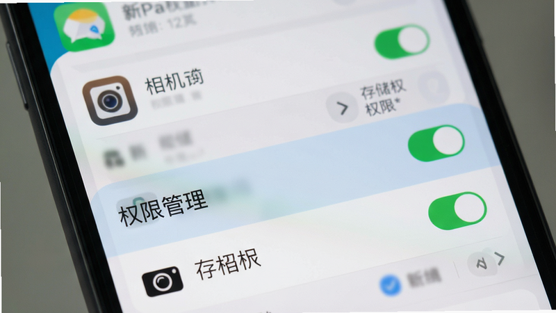 展示手机设置界面,突出“权限管理”选项,背景为模糊的APP列表,强调相机与存储权限的开启状态,UI简洁明了,色调中性,高分辨率,无多余文字