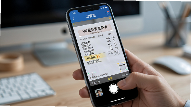 展示“税务发票助手”进行发票扫描的场景,手机摄像头对准一张增值税专用发票,屏幕上实时显示识别出的发票数据字段,如发票代码、开票日期等,界面UI清晰,字体高亮显示关键数据,背景虚化处理以突出手机操作,科技感强,细节丰富,高清画质