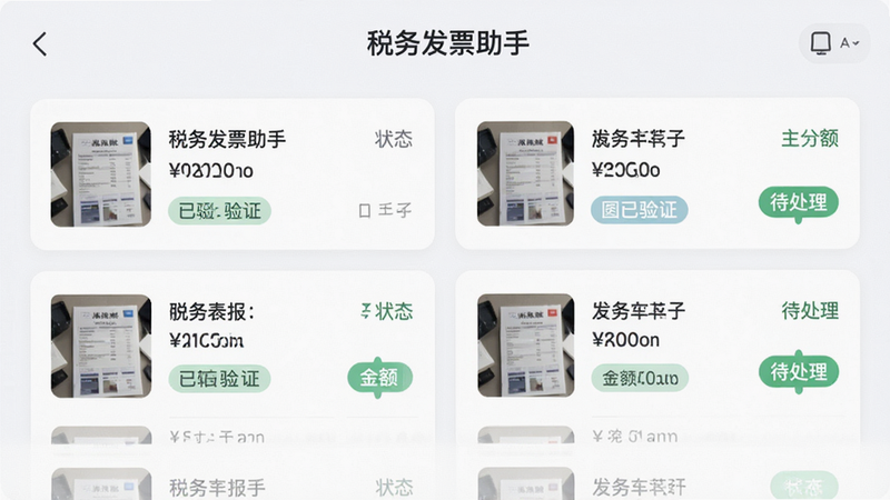 “税务发票助手”APP内的发票列表界面,展示多条发票记录,每条记录包含缩略图、金额、状态标签(如已验证、待处理),界面布局整齐,采用卡片式UI设计,色彩搭配柔和舒适,体现专业与高效,无杂乱背景,高分辨率